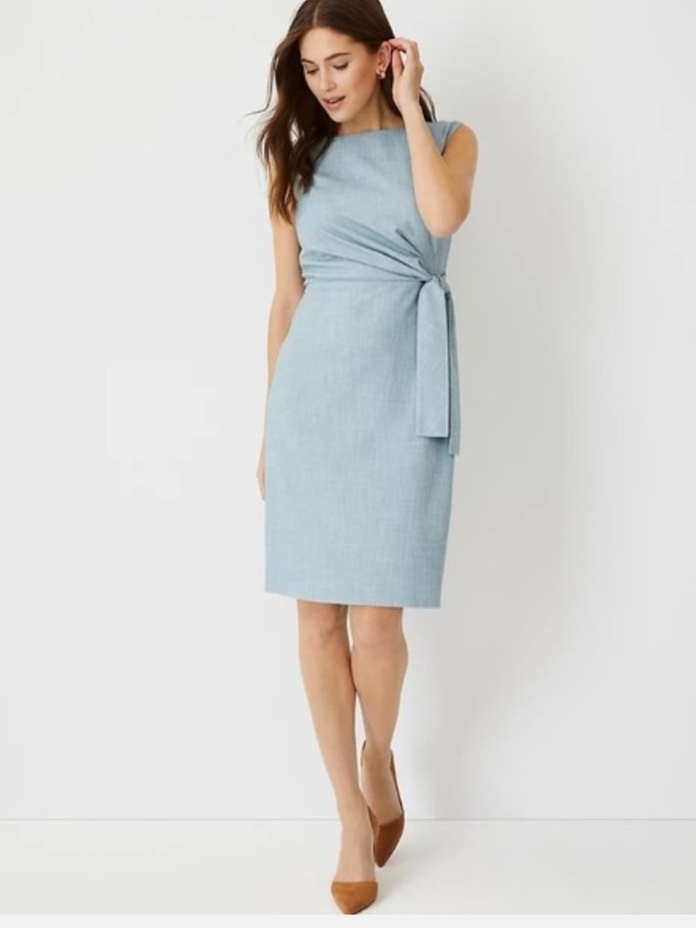 Ann Taylor Light Blue Sleeveless Tie-Waist Sheath Dress